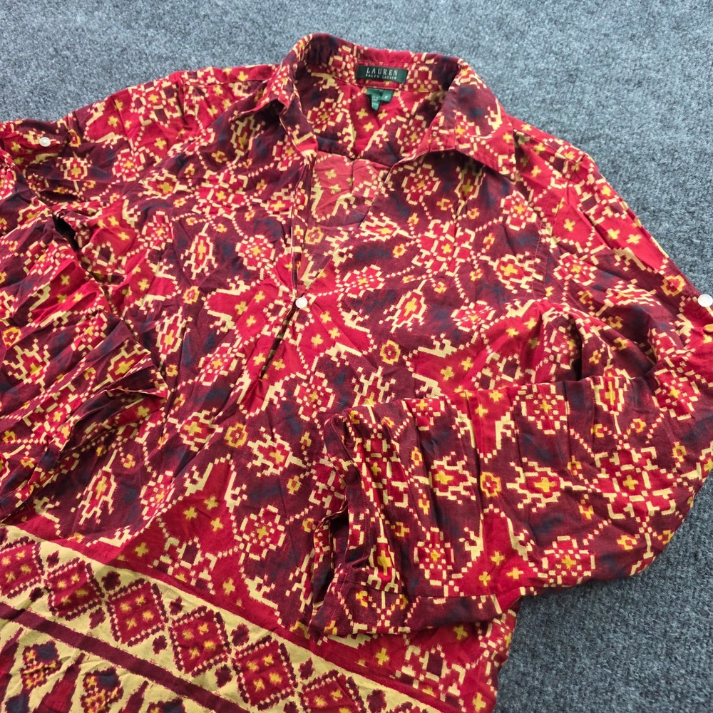 Lauren Ralph Lauren Tunic Top Ikat Geometric‎ Red Cotton Blouse Medium Womens M
